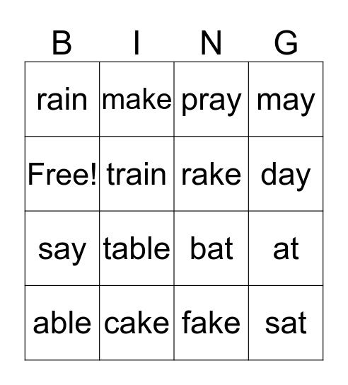 Long Vowel 'A' Bingo Card