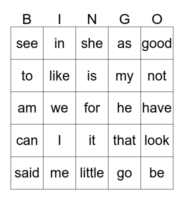 SIGHT WORDS BINGO Card