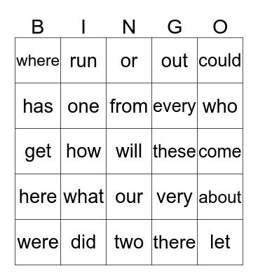 SIGHT WORDS BINGO Card