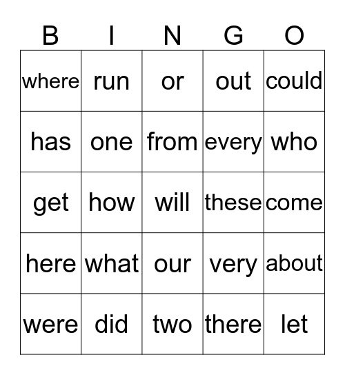 SIGHT WORDS BINGO Card
