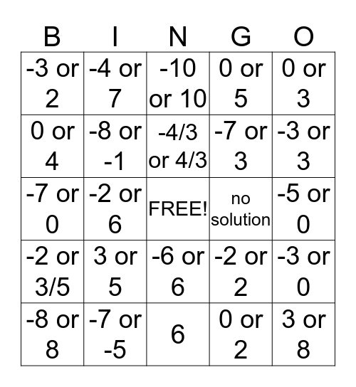 Quadratic Solutions Bingo Card