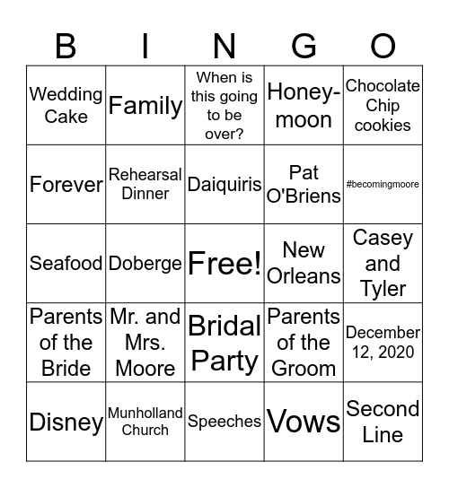 Wedding Bingo Card