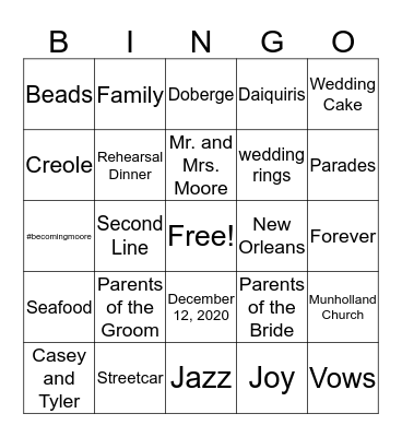 Wedding Bingo Card