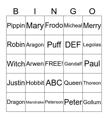 Hobbit Bingo Card