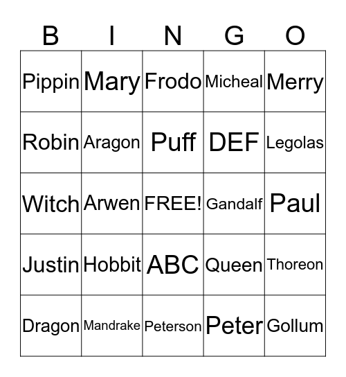 Hobbit Bingo Card