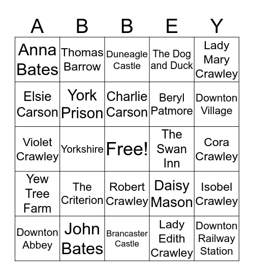 Downton Bingo Card