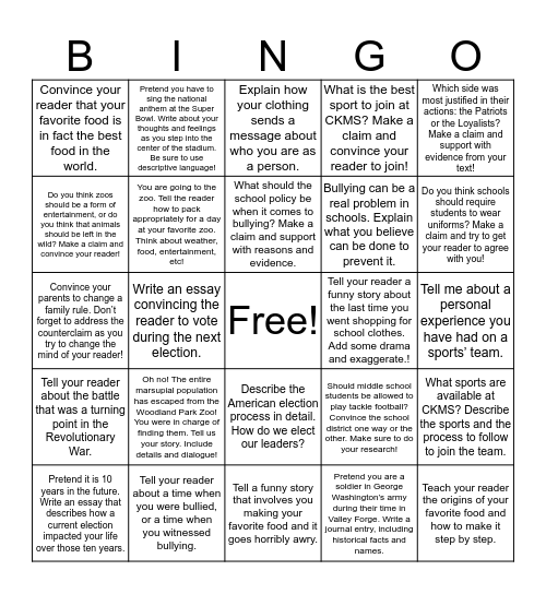 Knowing Your Essay Prompts Bingo Card