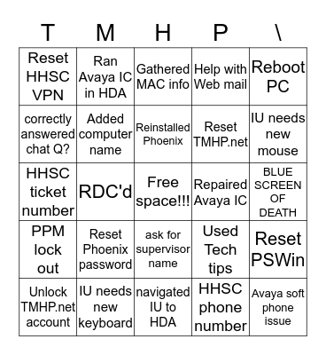 Help Desk Bingo Card