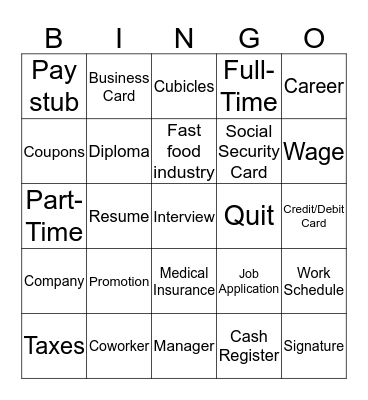 Vocational Vocabulary Bingo Card