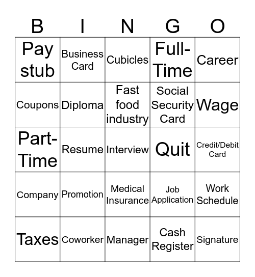 Vocational Vocabulary Bingo Card