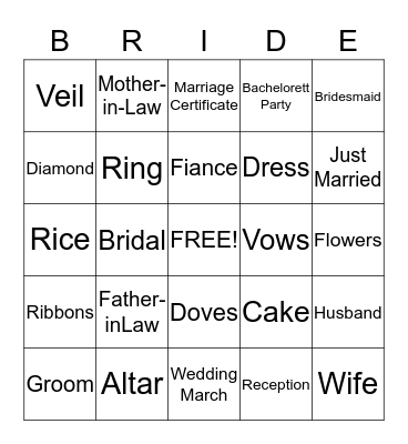 Bridal Bingo Card