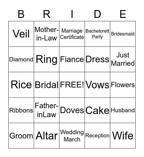 Bridal Bingo Card