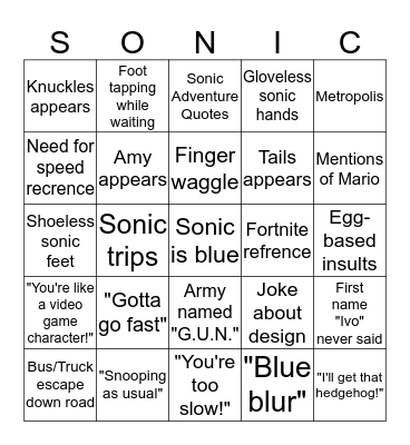 Sonic Movie Bingo Card