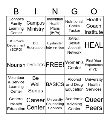 Campus Resources & Services Bingo Card