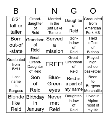 REID C BURGESS 100TH BIRTHDAY CELEBRATION Bingo Card