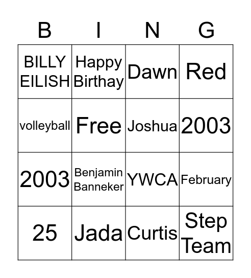 Jada Birthday Bingo Card