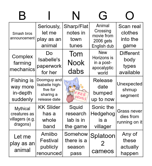 Robin's Unreasonable Expectations Animal Crossing Direct Bingo Card