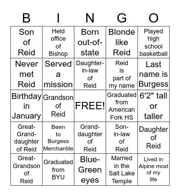 REID C BURGESS 100TH BIRTHDAY CELEBRATION Bingo Card