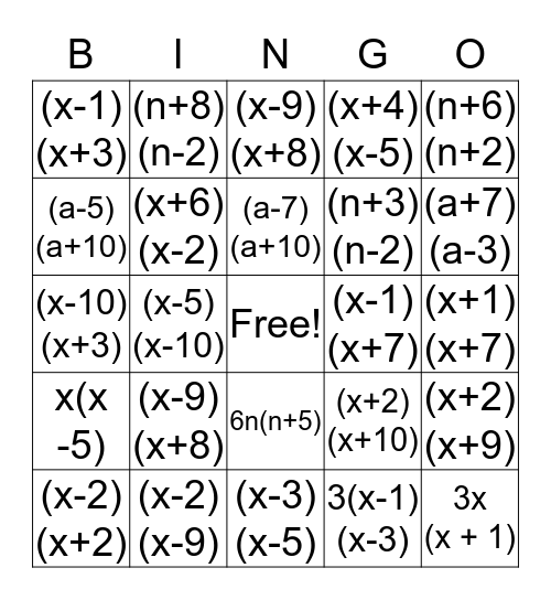 Factoring A = 1 Bingo Card