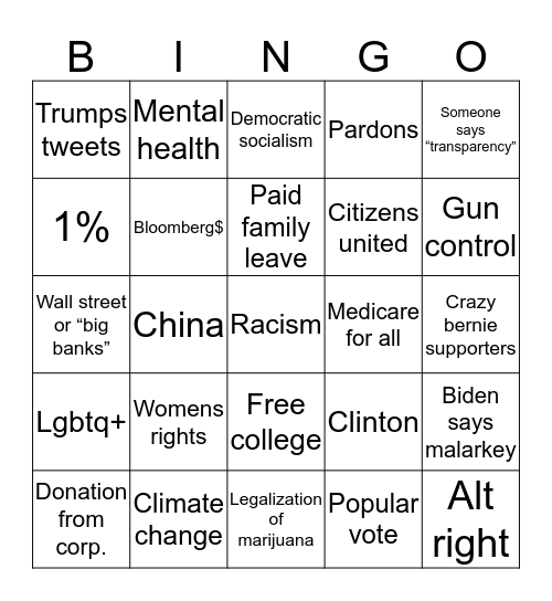 Dem debate Bingo Card