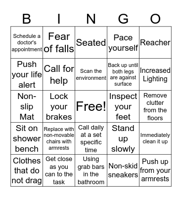 Fall Prevention Bingo Card