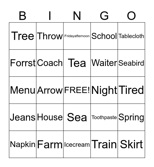 Engelse woorden Bingo Card