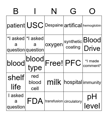 Artificial Blood Presentation Bingo Card