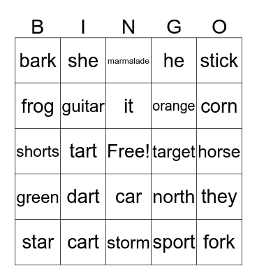 Ar  Or Bingo Card