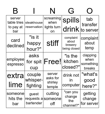 Bartender Bingo Card