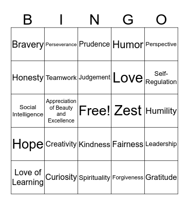 VIA Strengths  Bingo Card