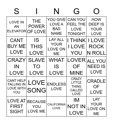468 SONGS WITH LOVE IN THE TITLE Bingo Card