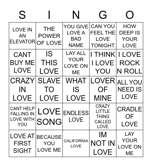 468 SONGS WITH LOVE IN THE TITLE Bingo Card