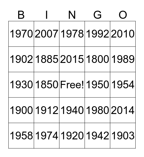 Crayola Timeline! Bingo Card