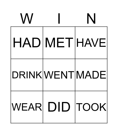 Irregular Verbs Bingo! Bingo Card