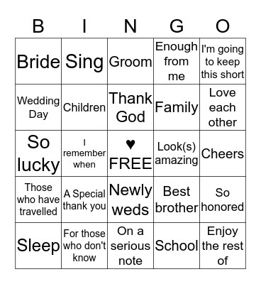 Wedding Speech BINGO Card