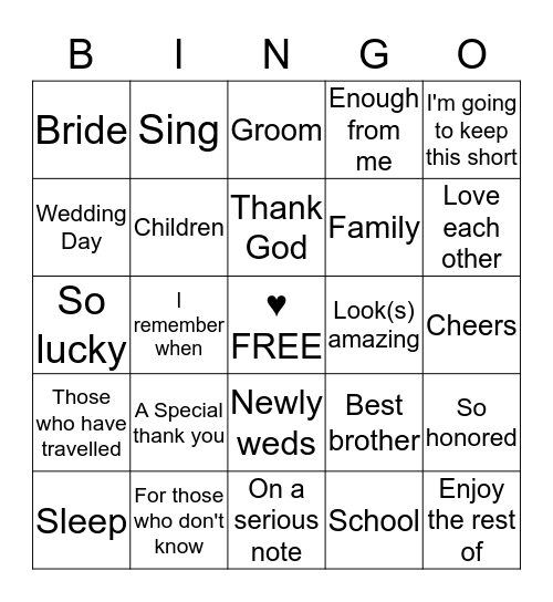 Wedding Speech BINGO Card