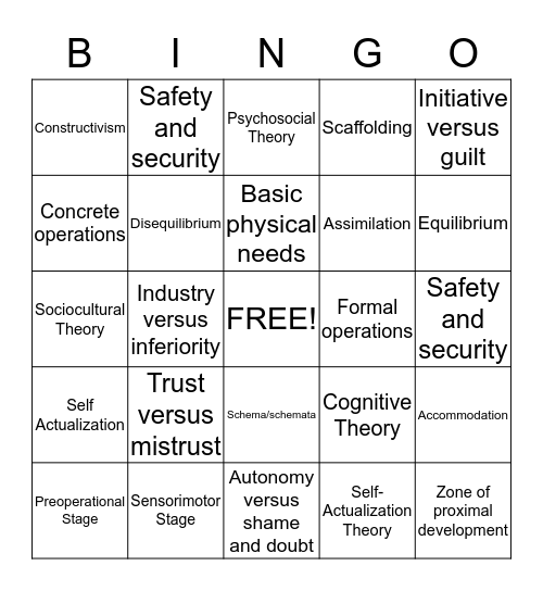 Theories of Emotional/Social and Cognitive  Development Bingo Card