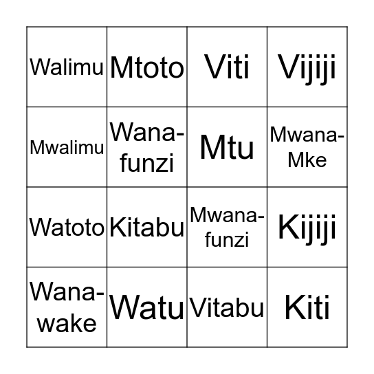 Nomino (m/wa; ki/vi) Bingo Card