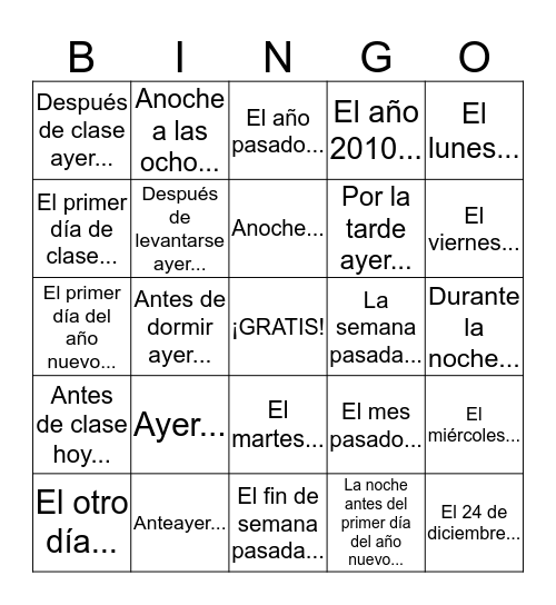 BINGO PRETÉRITO Bingo Card