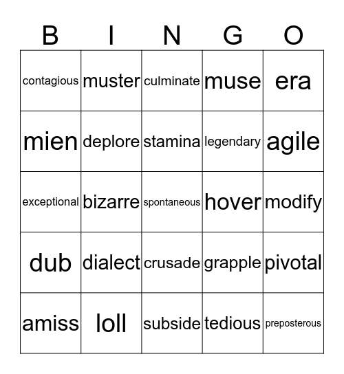 Week 7 Vocabulary  Bingo Card