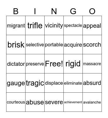 Vocabulary Review Bingo Card