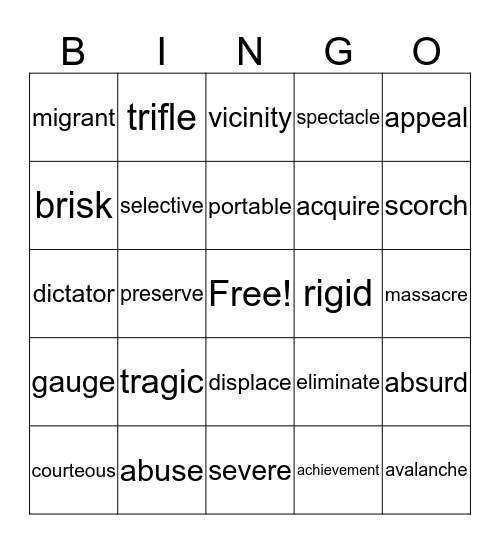 Vocabulary Review Bingo Card