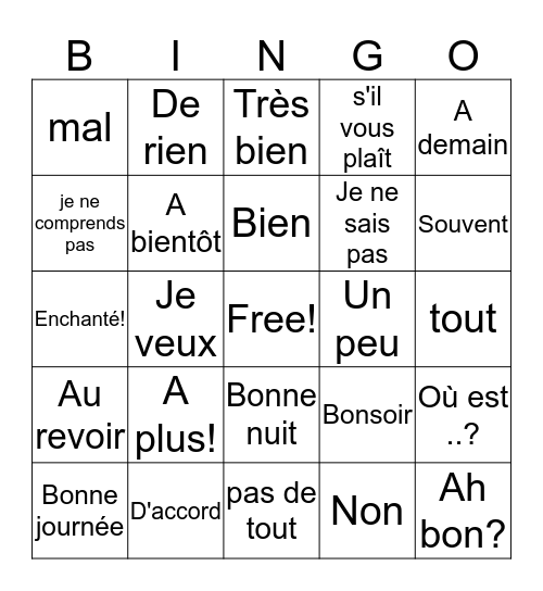 Common French expressions Bingo Card