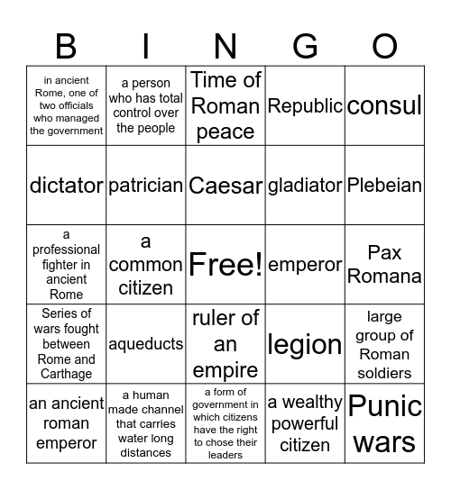 Ancient Roman Bingo Card