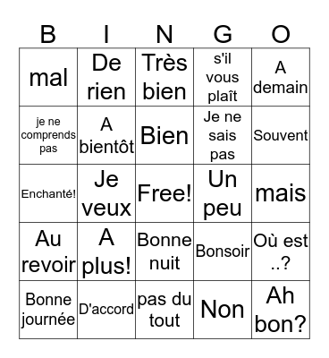 Common French expressions Bingo Card