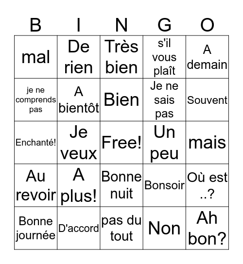 Common French expressions Bingo Card