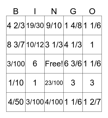 Fraction BINGO Card