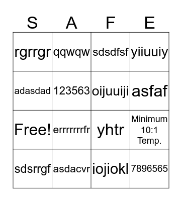 Food Safety Bingo Card