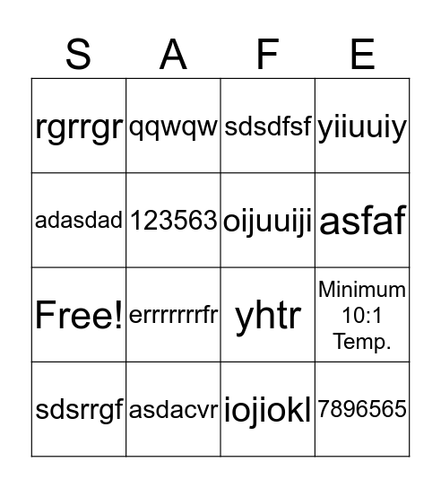 Food Safety Bingo Card