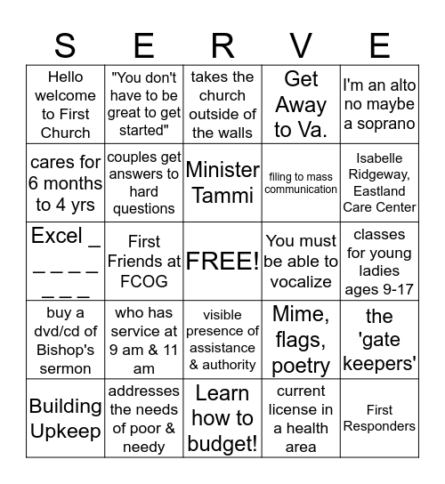 Serve Bingo Card